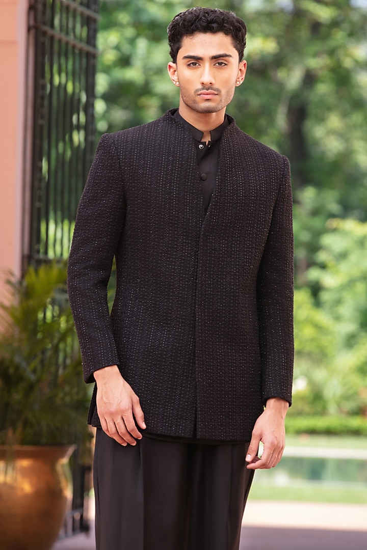 Black Chikankari Wedding Indowestern Jacket Set by Bohame Men at Pernia's Pop Up Shop