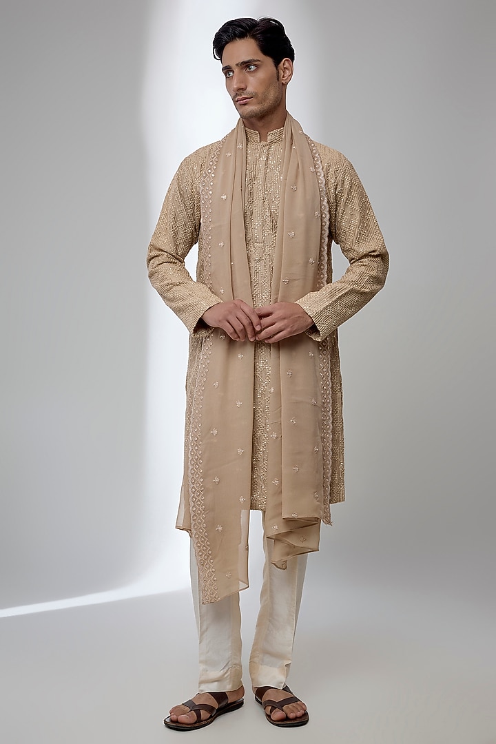 Beige Silk Kurta Set by Bohame Men at Pernia's Pop Up Shop