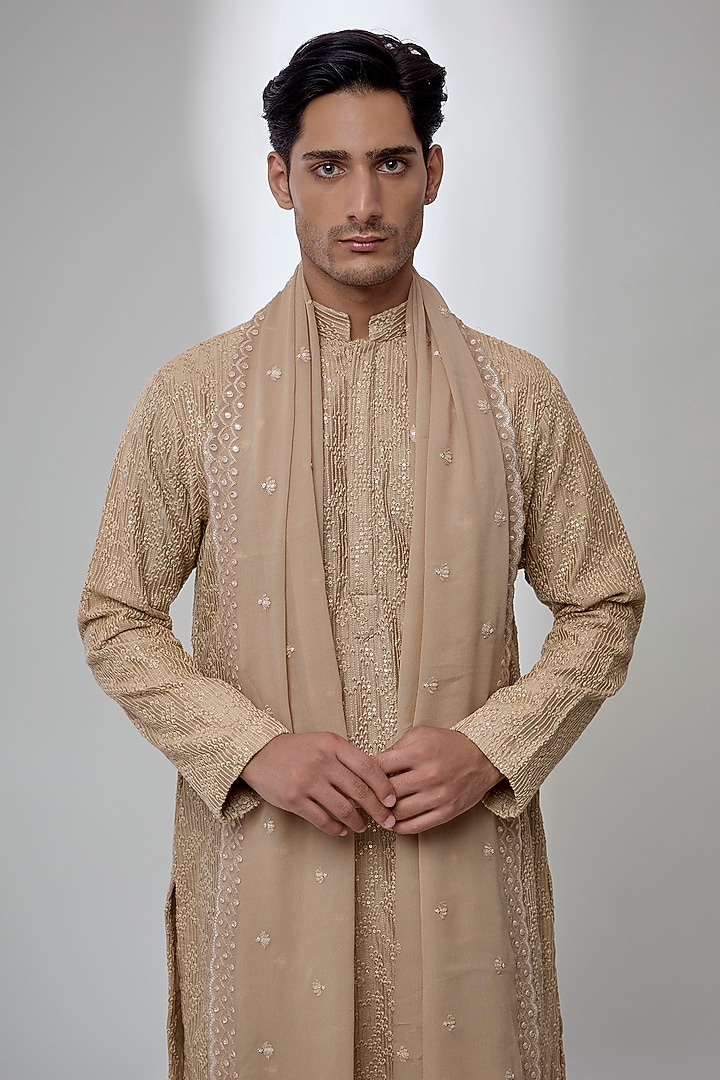 Beige Silk Kurta Set by Bohame Men at Pernia's Pop Up Shop