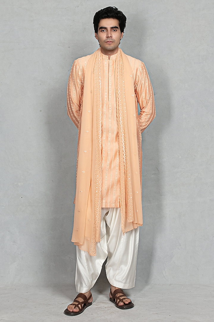 Peach Chikankari Fabric Floral Embroidered Kurta Set by Bohame Men at Pernia's Pop Up Shop