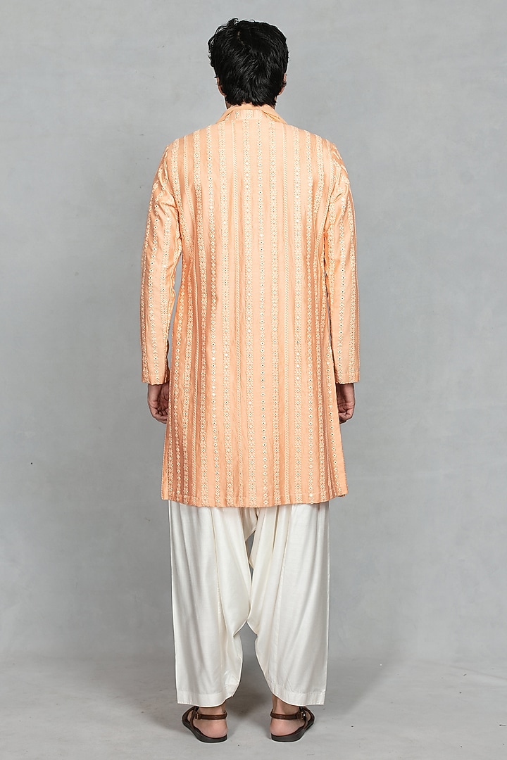 Peach Chikankari Fabric Floral Embroidered Kurta Set by Bohame Men at Pernia's Pop Up Shop