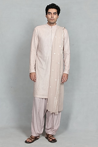 Lilac Chikankari Fabric Tonal Embroidered Kurta Set by bohame men