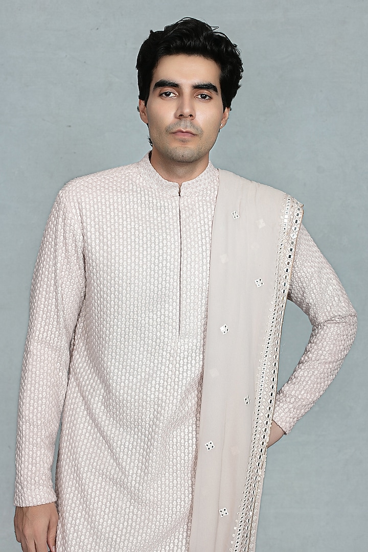 Lilac Chikankari Fabric Tonal Embroidered Kurta Set by Bohame Men at Pernia's Pop Up Shop