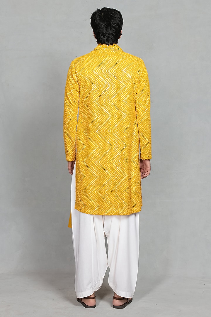 Yellow Chikankari Fabric Mirror Embroidered Kurta Set by Bohame Men at Pernia's Pop Up Shop