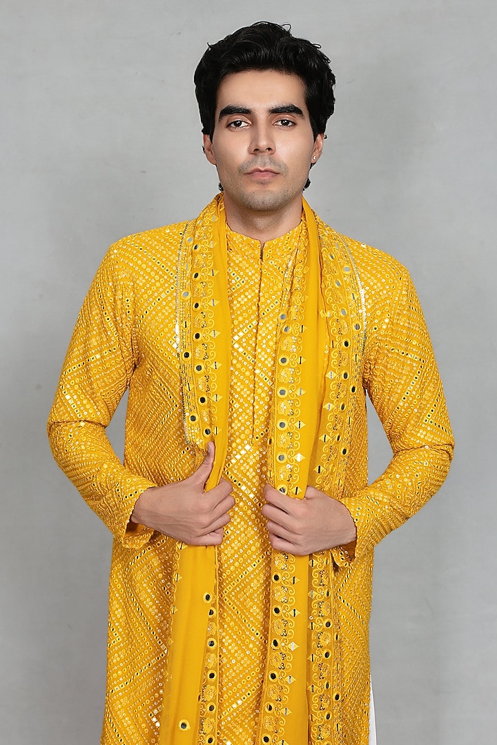 Yellow Chikankari Fabric Mirror Embroidered Kurta Set by Bohame Men at Pernia's Pop Up Shop