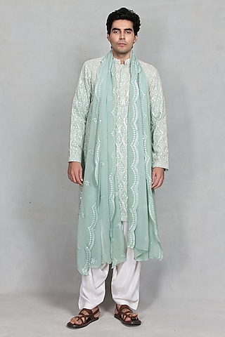 Mint Green Chikankari Fabric Embroidered Kurta Set by bohame men