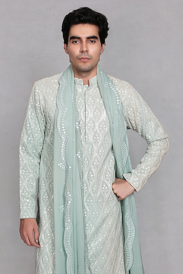 Mint Green Chikankari Fabric Embroidered Kurta Set by Bohame Men at Pernia's Pop Up Shop