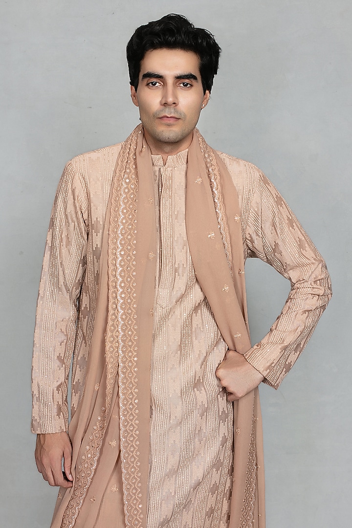 Champagne Chikankari Fabric Embroidered Kurta Set by Bohame Men at Pernia's Pop Up Shop