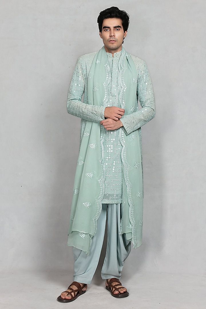 Mint Green Chikankari Fabric Mirror Embroidered Kurta Set by Bohame Men at Pernia's Pop Up Shop