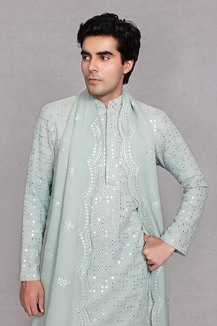 Mint Green Chikankari Fabric Mirror Embroidered Kurta Set by Bohame Men at Pernia's Pop Up Shop
