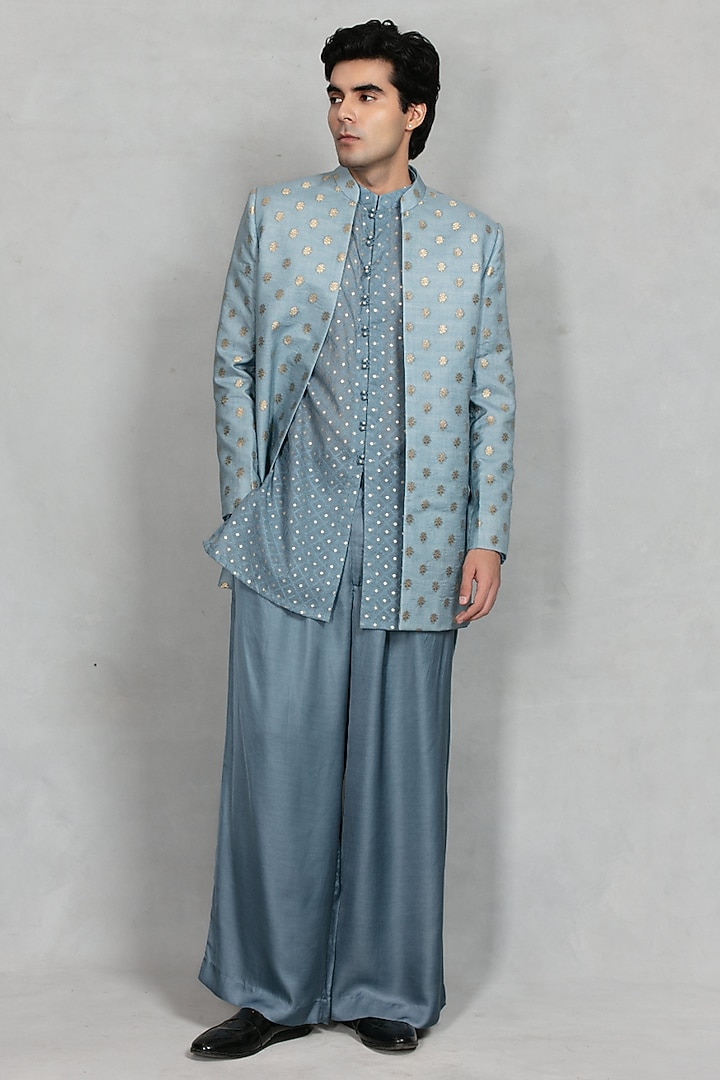Light Blue Brocade Wedding Indowestern Set by Bohame Men at Pernia's Pop Up Shop