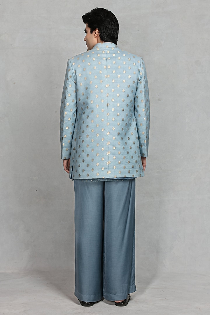 Light Blue Brocade Wedding Indowestern Set by Bohame Men at Pernia's Pop Up Shop