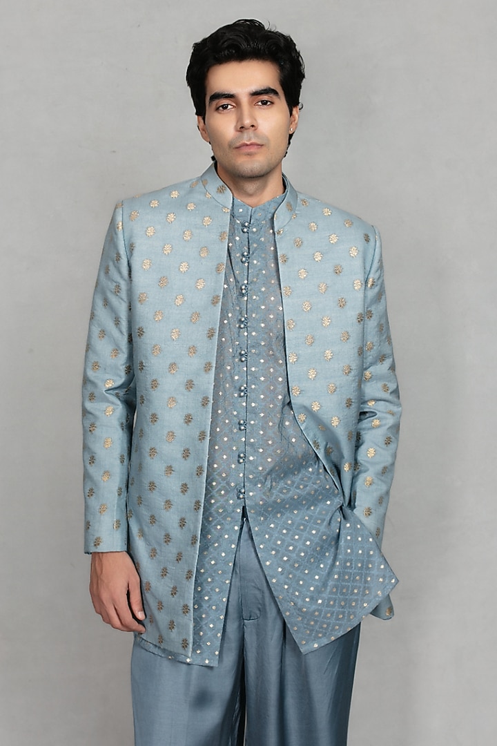 Light Blue Brocade Wedding Indowestern Set by Bohame Men at Pernia's Pop Up Shop