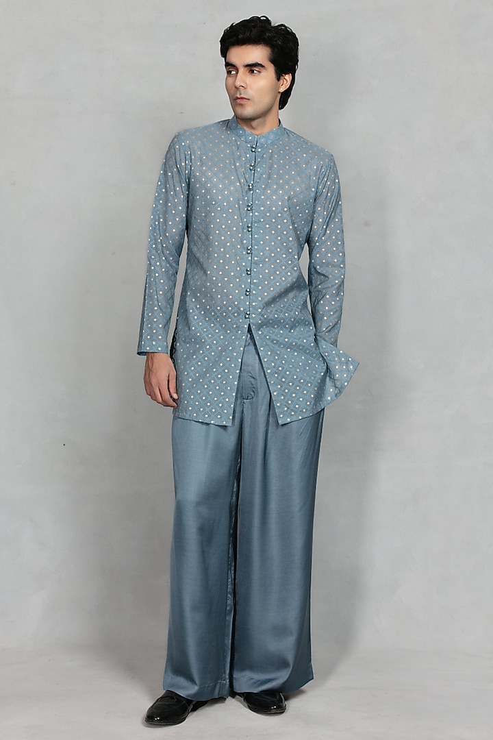 Light Blue Brocade Wedding Indowestern Set by Bohame Men at Pernia's Pop Up Shop