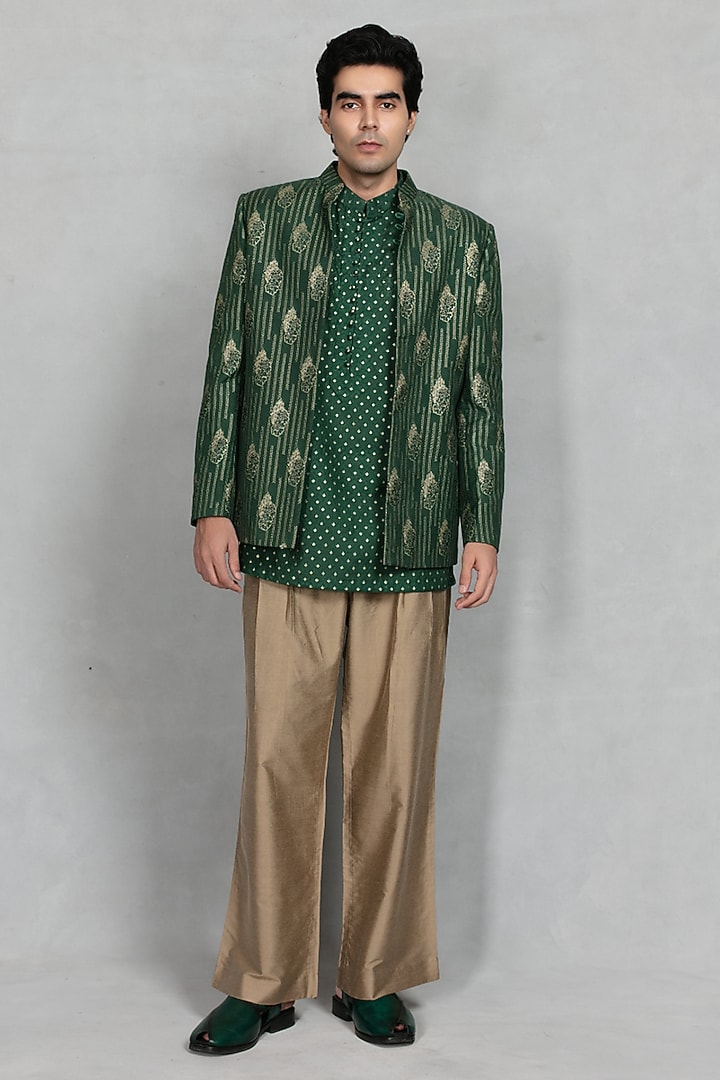 Green Brocade Printed Wedding Indowestern Set by Bohame Men at Pernia's Pop Up Shop