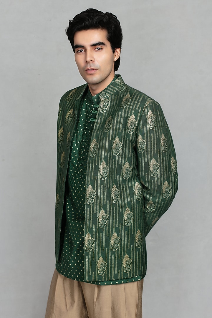 Green Brocade Printed Wedding Indowestern Set by Bohame Men at Pernia's Pop Up Shop