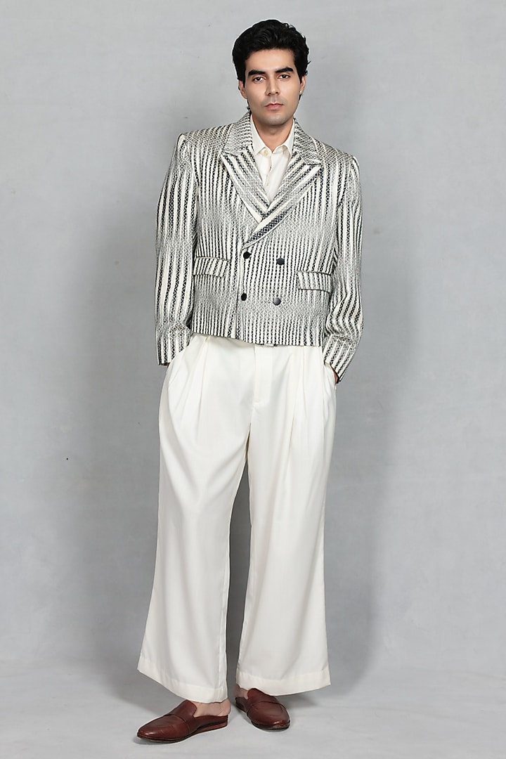 Black & Off-White Brocade Double-Breasted Jacket Set by Bohame Men at Pernia's Pop Up Shop