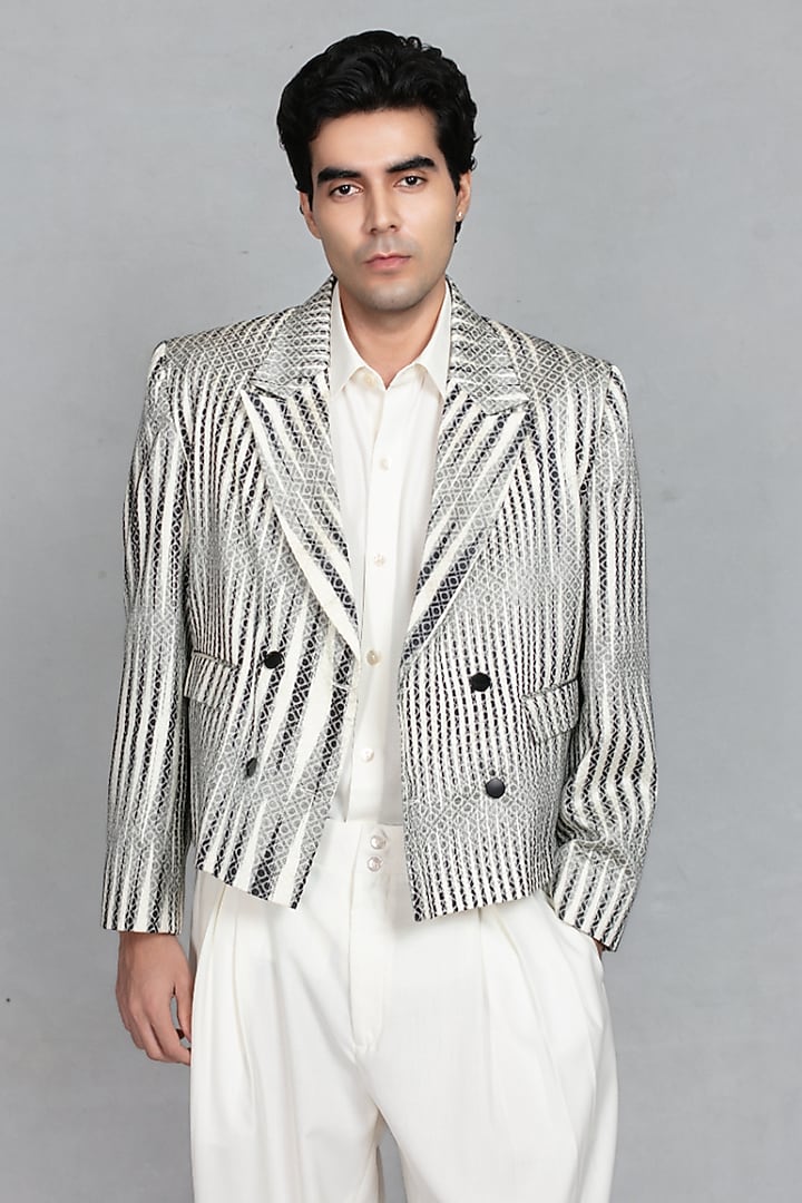 Black & Off-White Brocade Double-Breasted Jacket Set by Bohame Men at Pernia's Pop Up Shop
