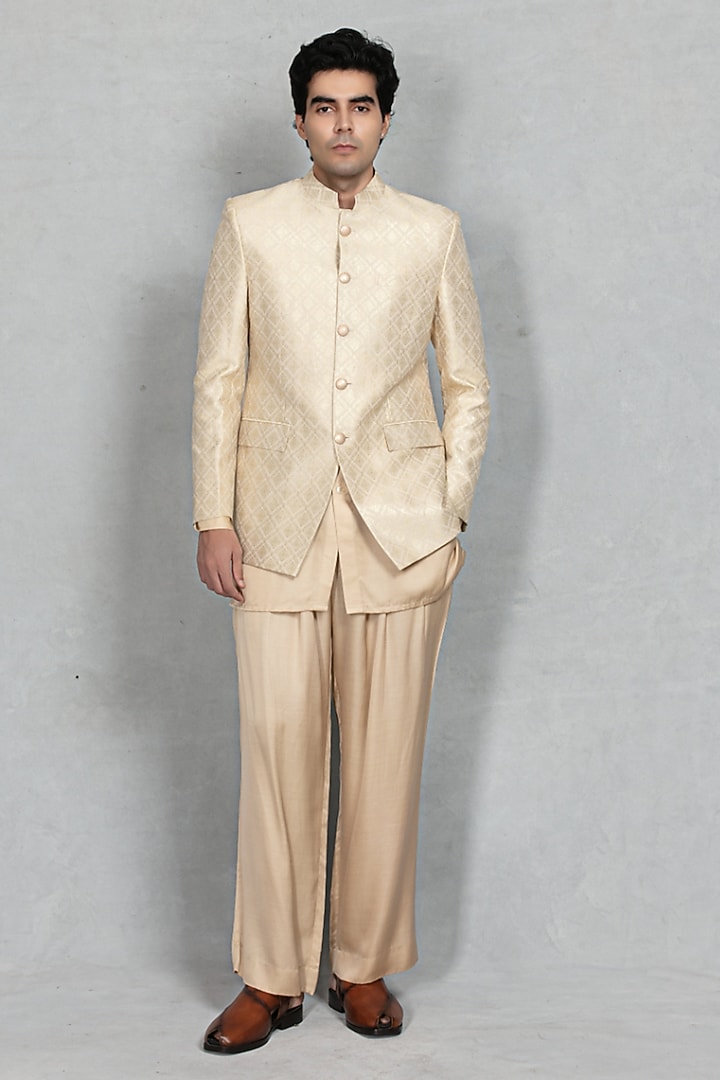 Cream-Beige Brocade Wedding Bandhgala Set by Bohame Men at Pernia's Pop Up Shop