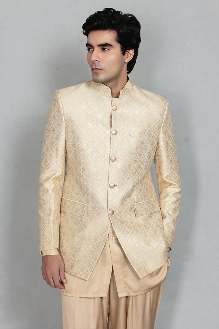 Cream-Beige Brocade Wedding Bandhgala Set by Bohame Men at Pernia's Pop Up Shop