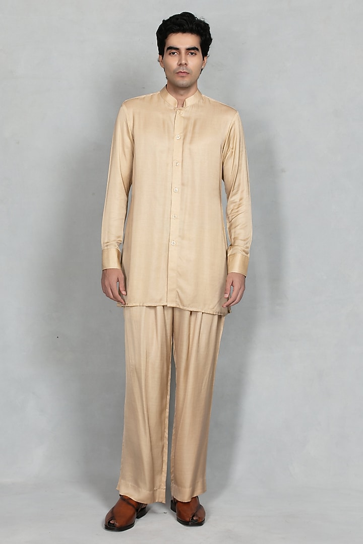 Cream-Beige Brocade Wedding Bandhgala Set by Bohame Men at Pernia's Pop Up Shop