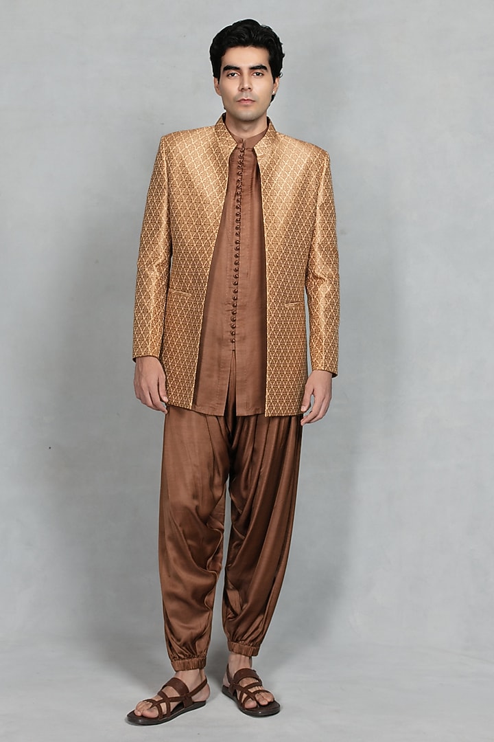 Beige-Brown Brocade Wedding Indowestern Set by Bohame Men at Pernia's Pop Up Shop