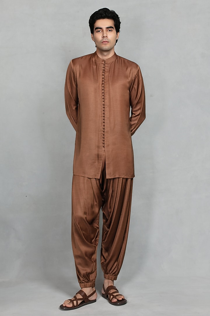 Beige-Brown Brocade Wedding Indowestern Set by Bohame Men at Pernia's Pop Up Shop