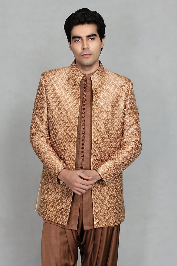 Beige-Brown Brocade Wedding Indowestern Set by Bohame Men at Pernia's Pop Up Shop