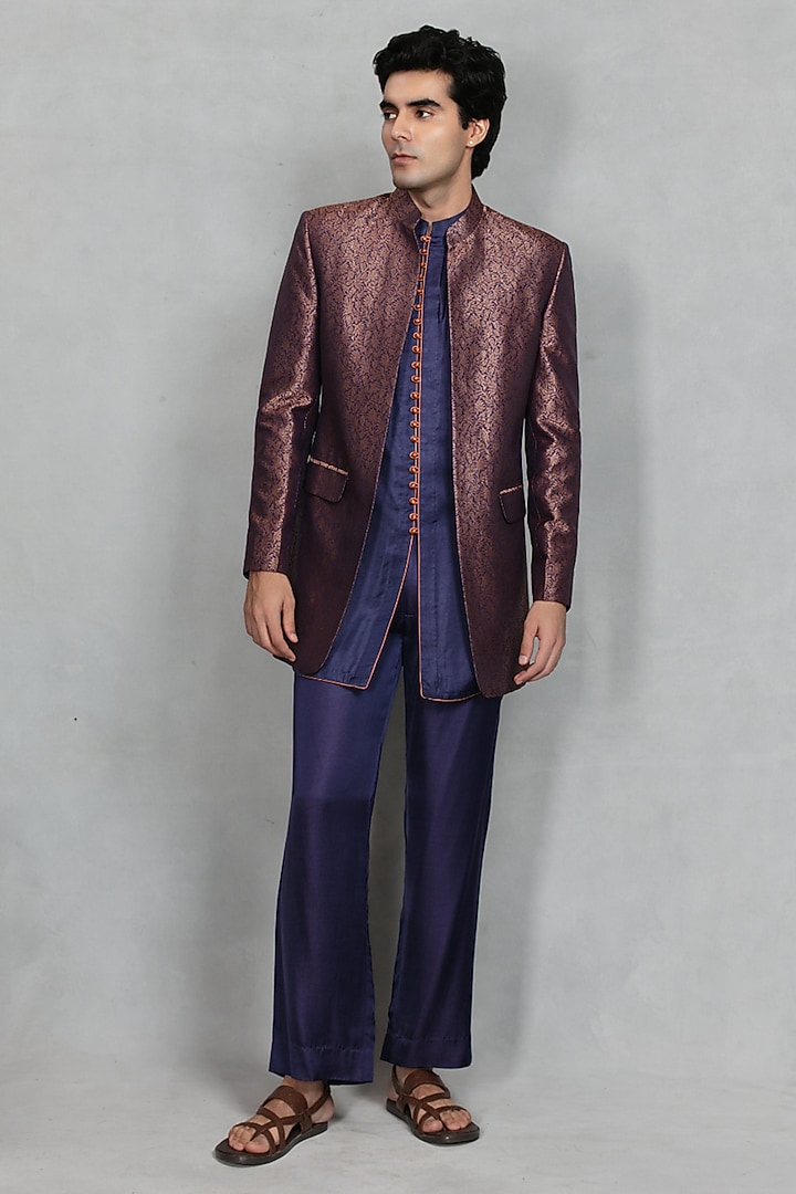 Cobalt Blue Brocade Indowetern Set by Bohame Men at Pernia's Pop Up Shop