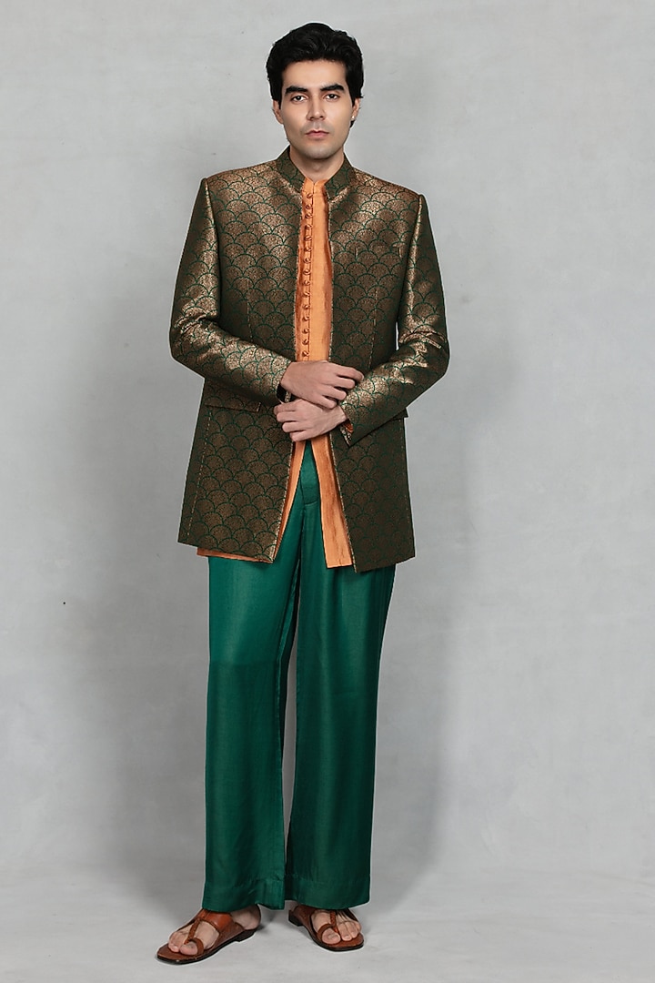 Bottle Green Brocade Wedding Indowestern Set by Bohame Men at Pernia's Pop Up Shop
