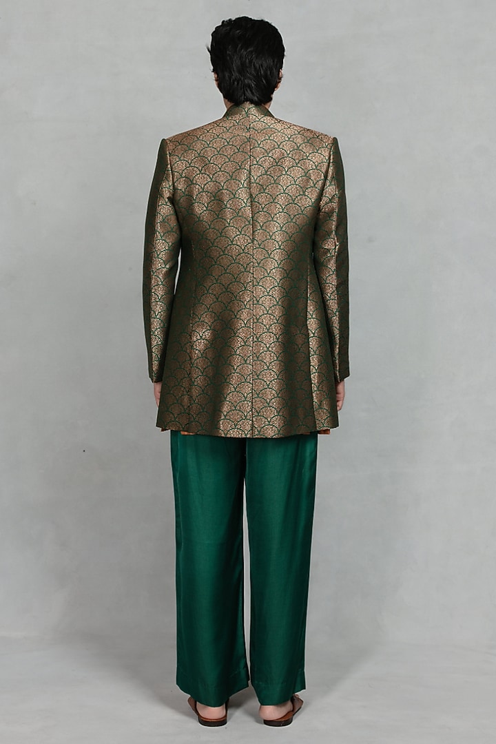 Bottle Green Brocade Wedding Indowestern Set by Bohame Men at Pernia's Pop Up Shop
