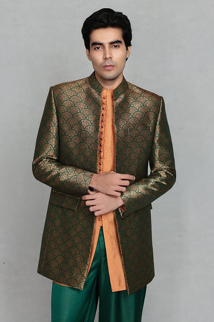 Bottle Green Brocade Wedding Indowestern Set by Bohame Men at Pernia's Pop Up Shop
