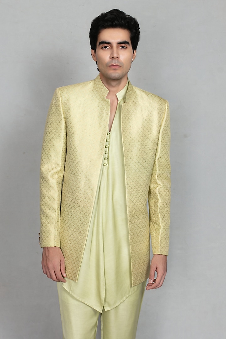Beige Gold Brocade Wedding Indowestern Set by Bohame Men at Pernia's Pop Up Shop