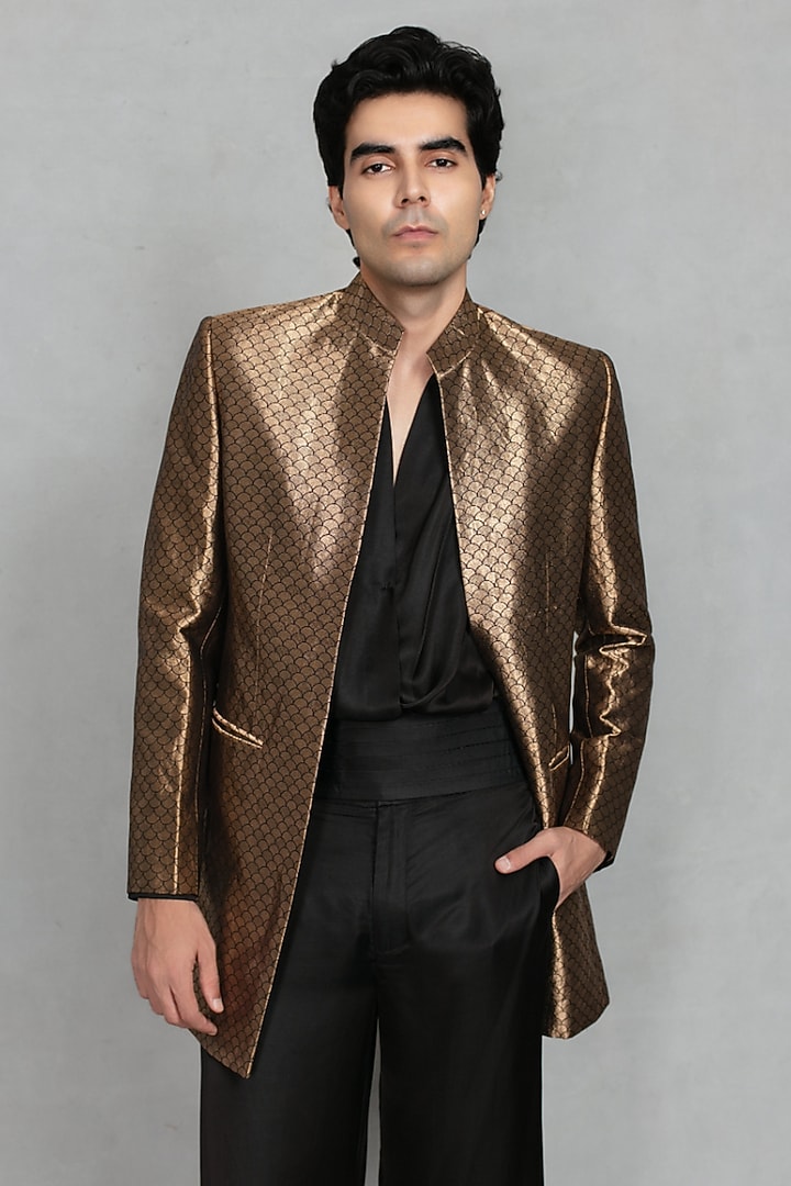 Gold Brocade Wedding Indowestern Set by Bohame Men at Pernia's Pop Up Shop
