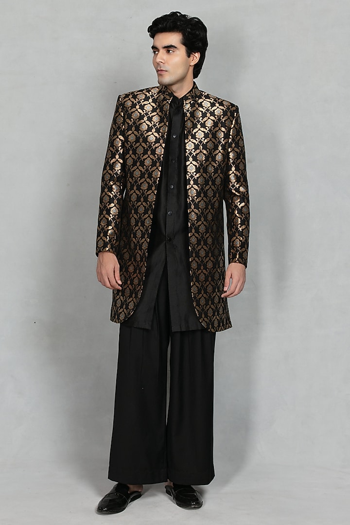 Black & Gold Brocade Wedding Indowestern Set by Bohame Men at Pernia's Pop Up Shop