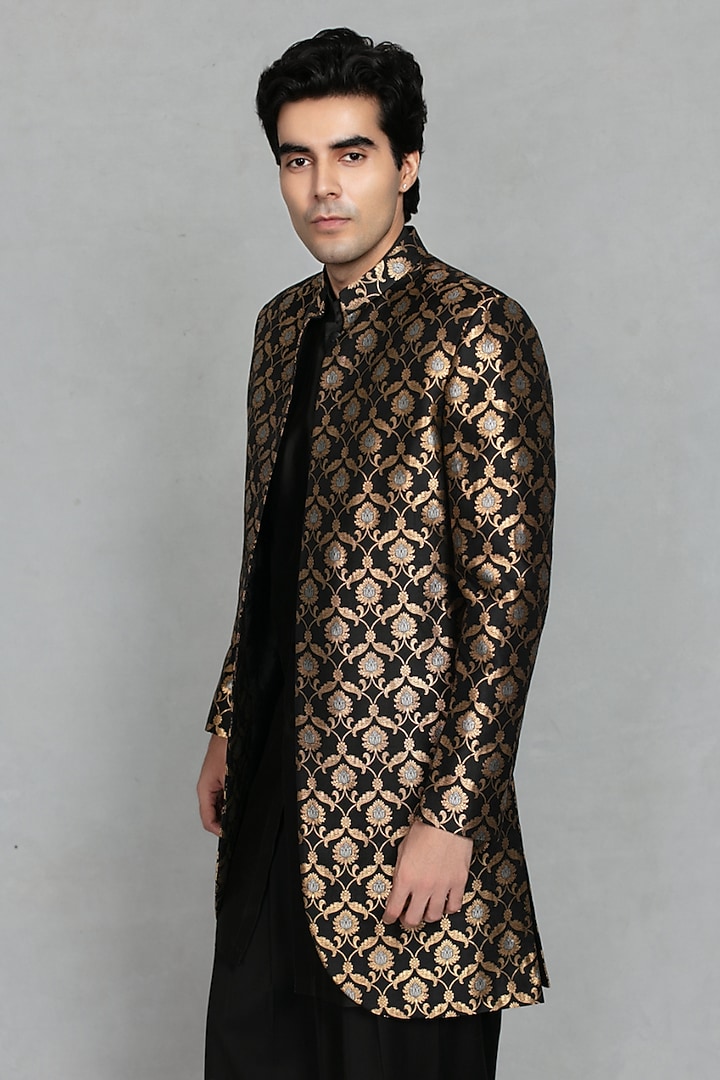 Black & Gold Brocade Wedding Indowestern Set by Bohame Men at Pernia's Pop Up Shop