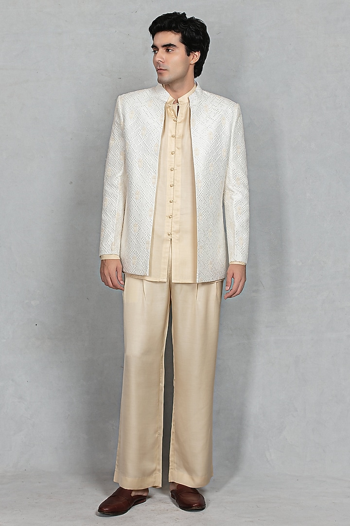 Ivory Chikankari Fabric Embroidered Jacket Set by Bohame Men at Pernia's Pop Up Shop