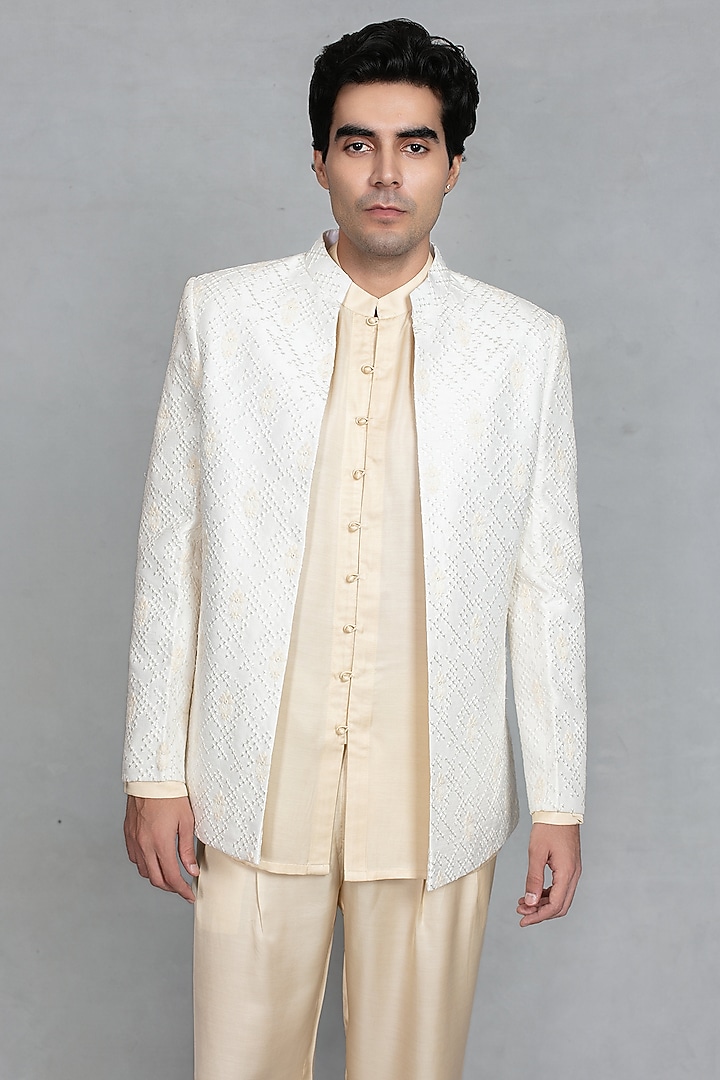 Ivory Chikankari Fabric Embroidered Jacket Set by Bohame Men at Pernia's Pop Up Shop