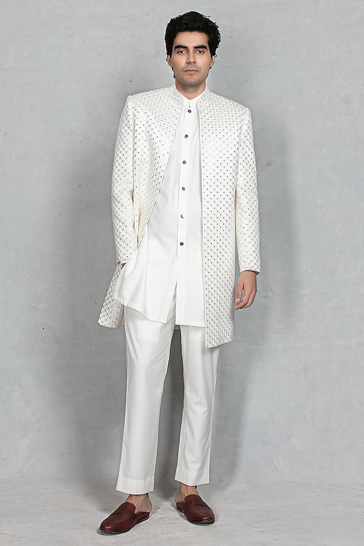 White Chikankari Fabric Mirror Embroidered Jacket Set by Bohame Men at Pernia's Pop Up Shop