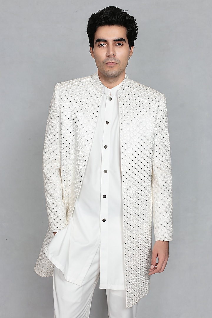 White Chikankari Fabric Mirror Embroidered Jacket Set by Bohame Men at Pernia's Pop Up Shop