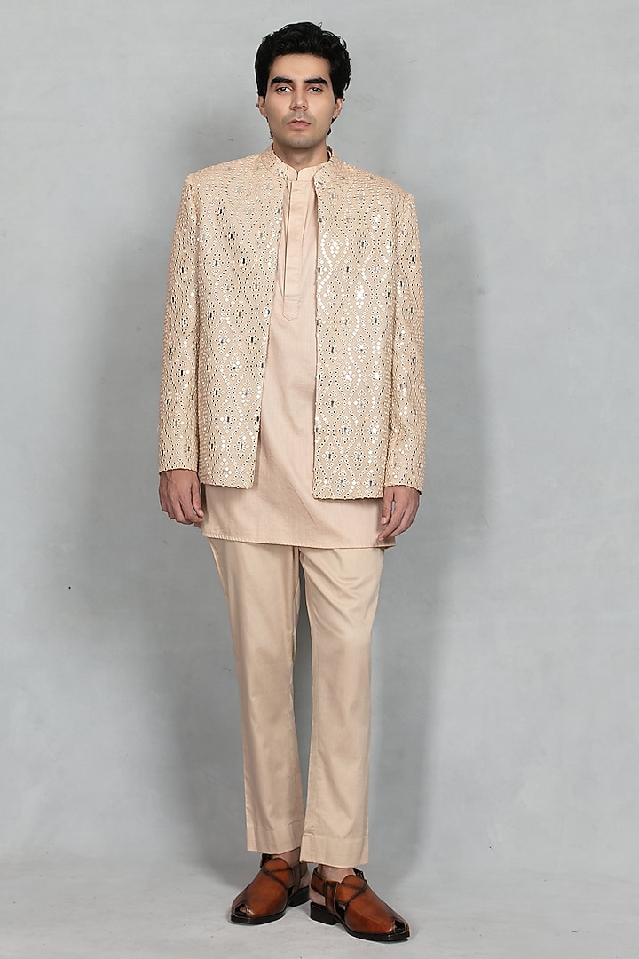 Beige Chikankari Fabric Mirror Embroidered Jacket Set by Bohame Men at Pernia's Pop Up Shop