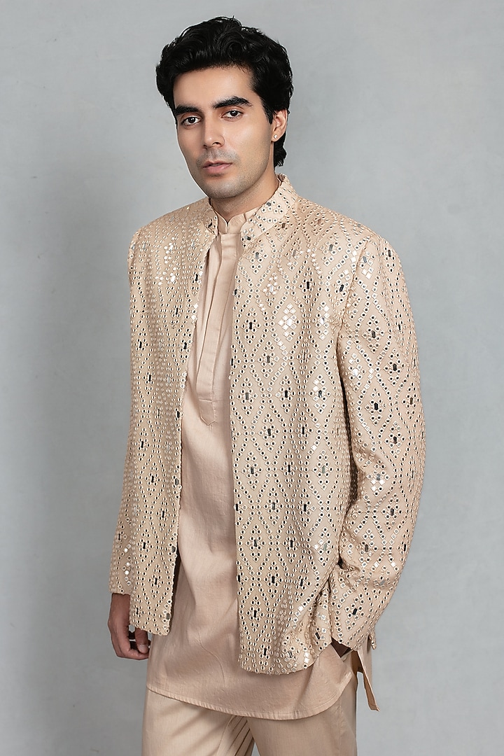 Beige Chikankari Fabric Mirror Embroidered Jacket Set by Bohame Men at Pernia's Pop Up Shop
