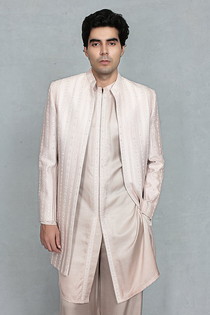 Mauve Chikankari Fabric Embroidered Jacket Set by Bohame Men at Pernia's Pop Up Shop