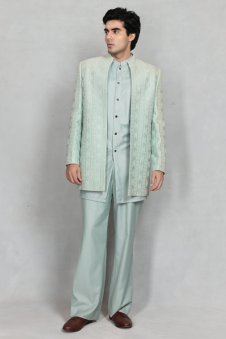 Sage Green Chikankari Fabric Embroidered Jacket Set by Bohame Men at Pernia's Pop Up Shop