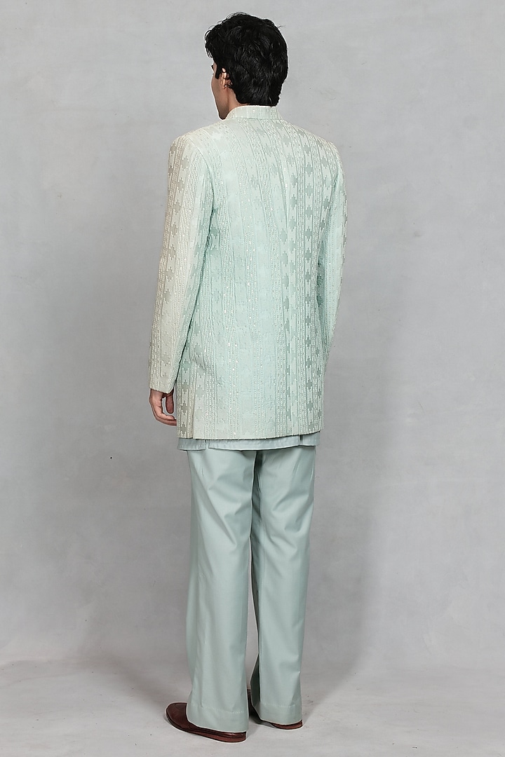 Sage Green Chikankari Fabric Embroidered Jacket Set by Bohame Men at Pernia's Pop Up Shop
