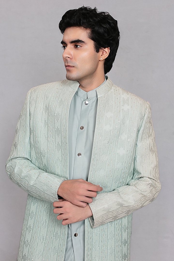 Sage Green Chikankari Fabric Embroidered Jacket Set by Bohame Men at Pernia's Pop Up Shop