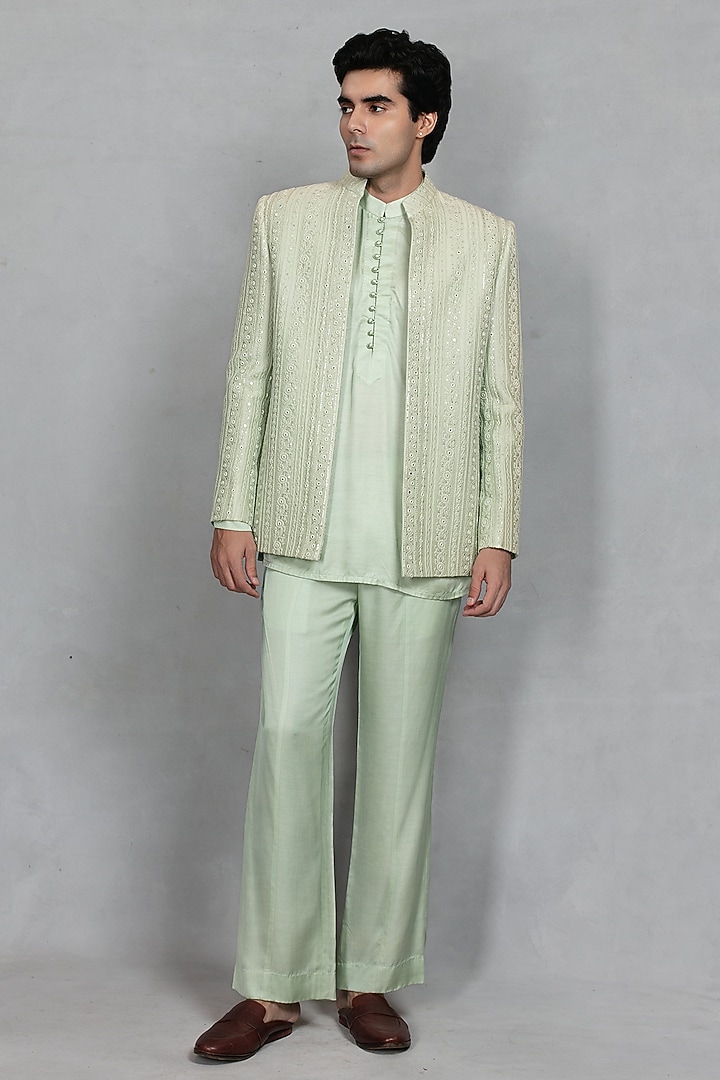 Mint Green Chikankari Fabric Embroidered Jacket Set by Bohame Men at Pernia's Pop Up Shop