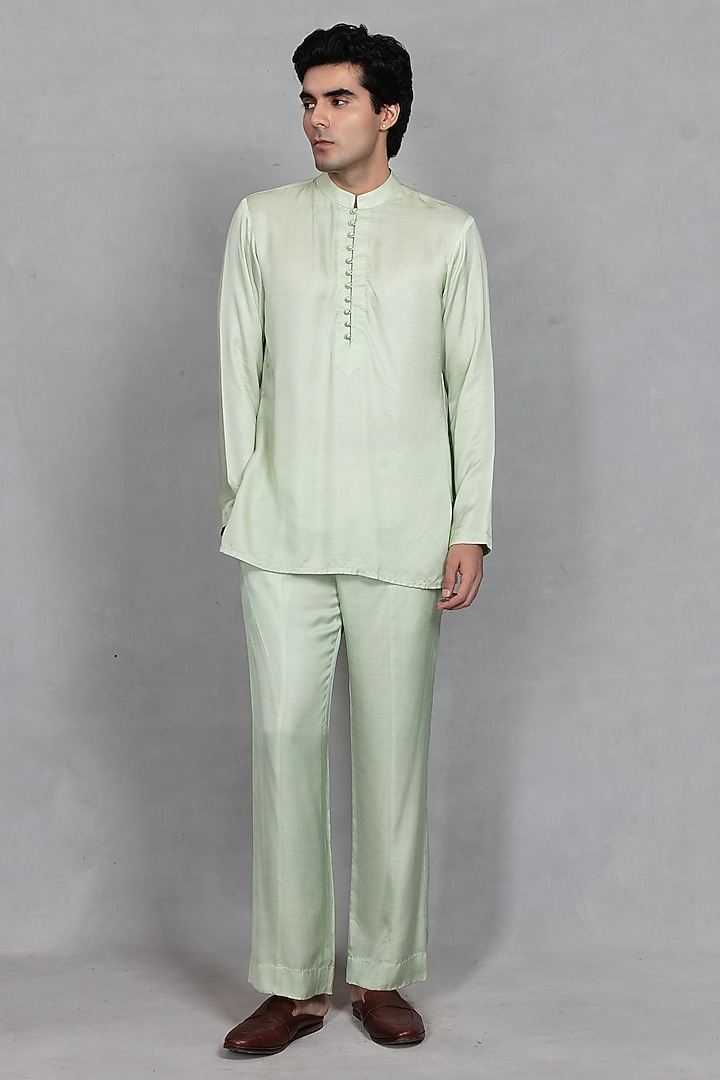 Mint Green Chikankari Fabric Embroidered Jacket Set by Bohame Men at Pernia's Pop Up Shop