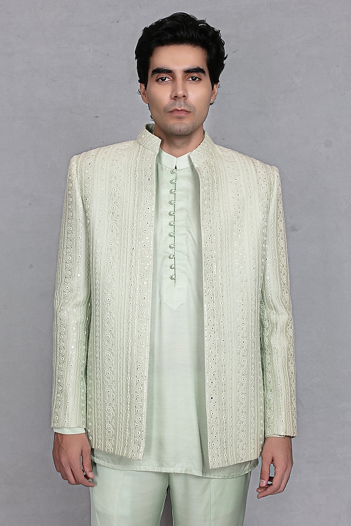 Mint Green Chikankari Fabric Embroidered Jacket Set by Bohame Men at Pernia's Pop Up Shop