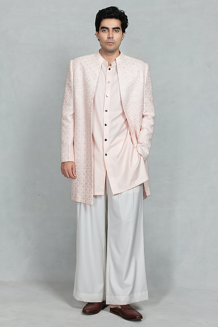 Light Pink Chikankari Fabric Embroidered Jacket Set by Bohame Men at Pernia's Pop Up Shop